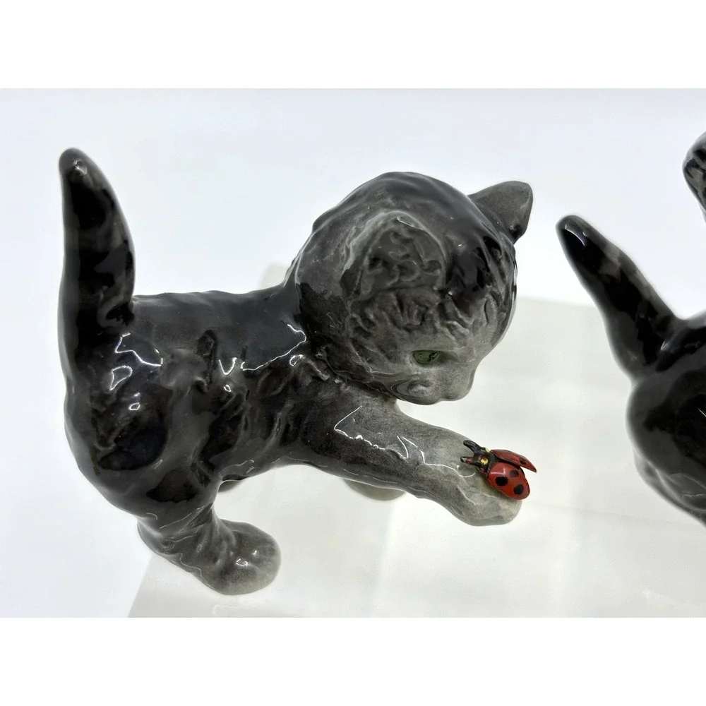 Vintage Goebel Grey Kitten Cat with Lady Bug Figurine Set Of 2